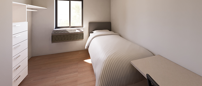 Hawks Landing bedroom with bed, desk and closet Hawks Landing bedroom with bed, desk and closet